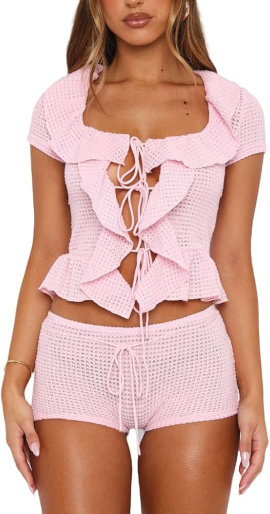 LILTWIST Crochet 2 Piece Short Sets for Women Summer Knit Matching Lounge Sets Halter Tie Front T... | Amazon (US)