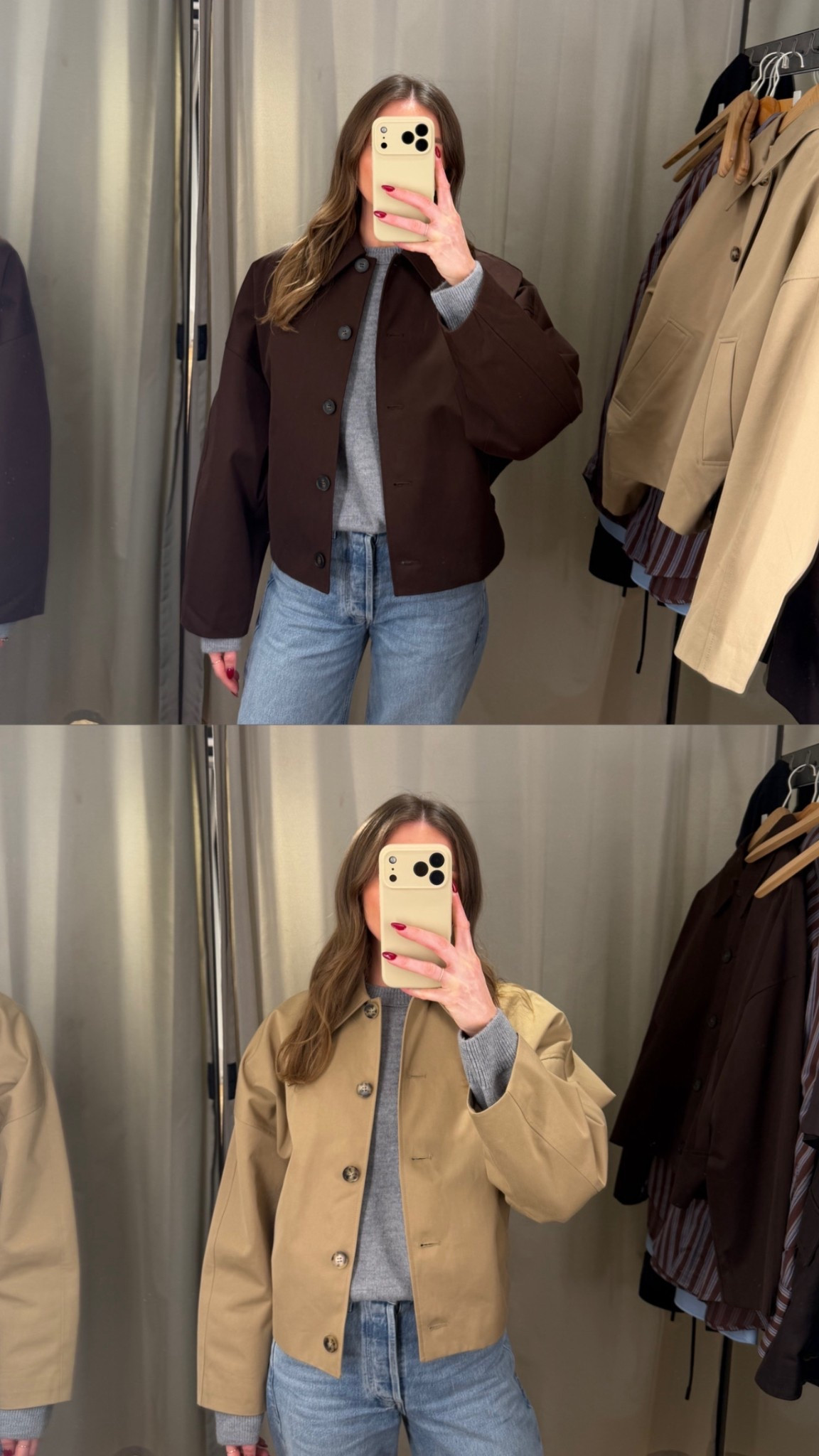 & other stories 20% off this weekend 
Cropped trench coat boxy jacket
Small in the brown 
XS in the beige 
