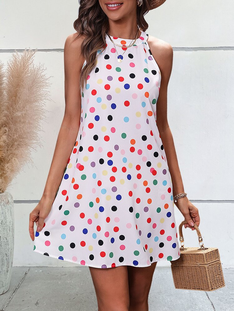 SHEIN VCAY Polka Dot Print Tie Back Halter Neck Dress | SHEIN