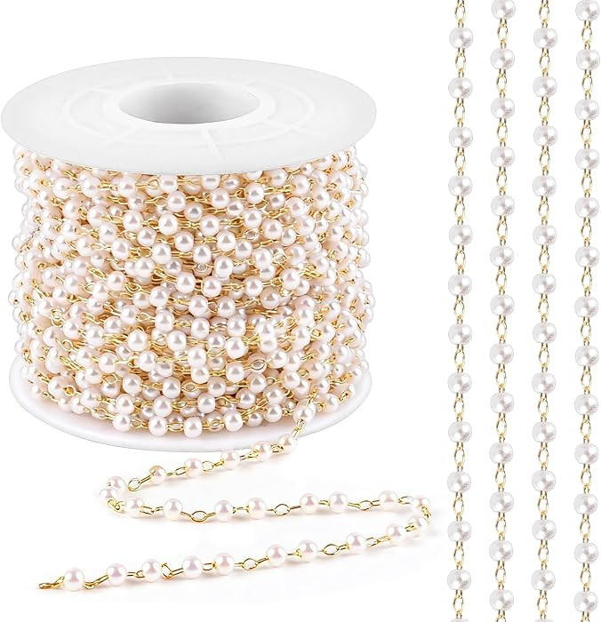 Worldity 49.21 Feet 3mm Gold Plated Pearl Beads Chain, Stainless Steel Beaded Chain for Jewelry M... | Amazon (US)