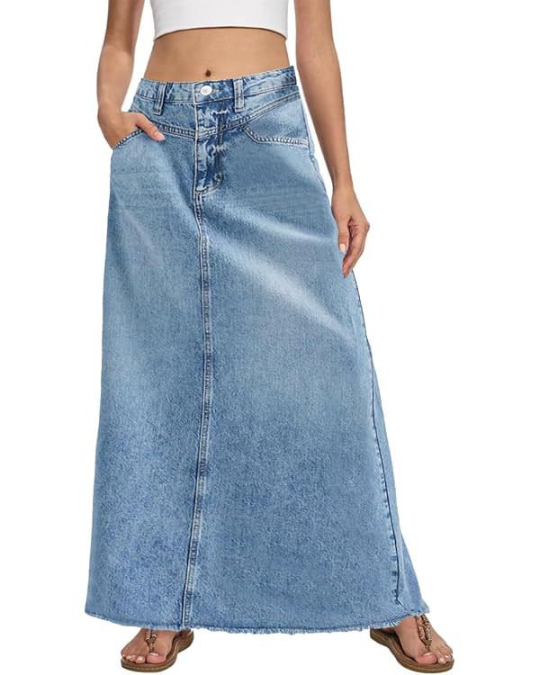 Tankaneo Womens Denim Jean Long Skirt Maxi A-Line High Waist Skirt Trendy | Trendy Casual, Frayed... | Amazon (US)