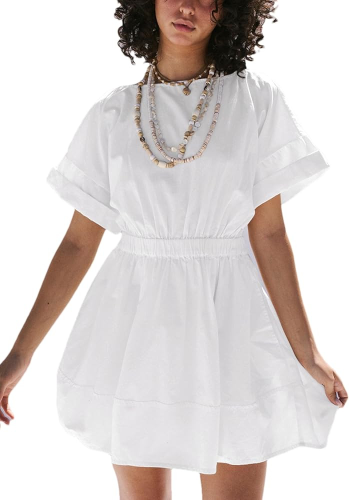 Zontroldy Women's Crew Neck Short Sleeve Casual Beach Sunshine Cotton Mini Dress with Pockets | Amazon (US)
