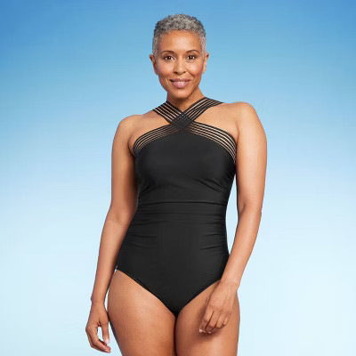 Women's Crossover Neck Detail One Piece Swimsuit - Aqua Green® | Target
