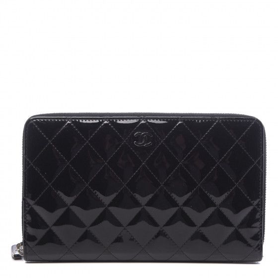 CHANEL Patent Quilted Large Zip Around Organizer Wallet So Black | Fashionphile