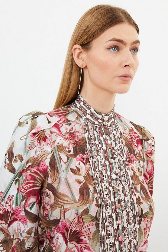 Linen Viscose Border Print Floral Woven Blouse | Karen Millen US