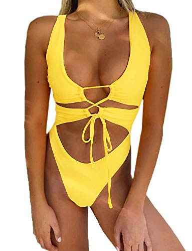 CHYRII Women's Sexy Cutout Lace Up Backless High Cut One Piece Swimsuit Monokini Yellow M | Amazon (US)