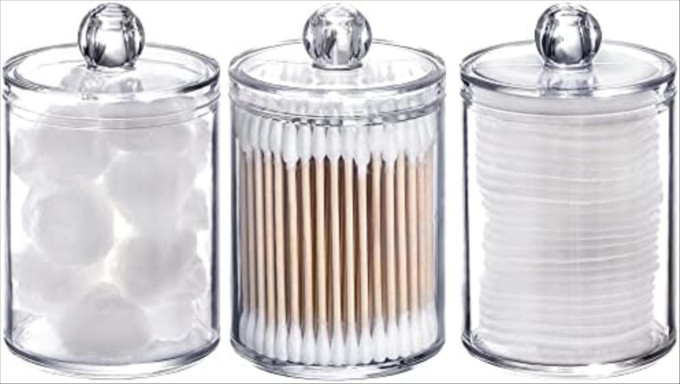 Click for more info about Tbestmax 3 Pack Small Cotton Swab Ball Pad Holder, 10 Oz Qtip Apothecary Jar Clear Makeup Organizer,