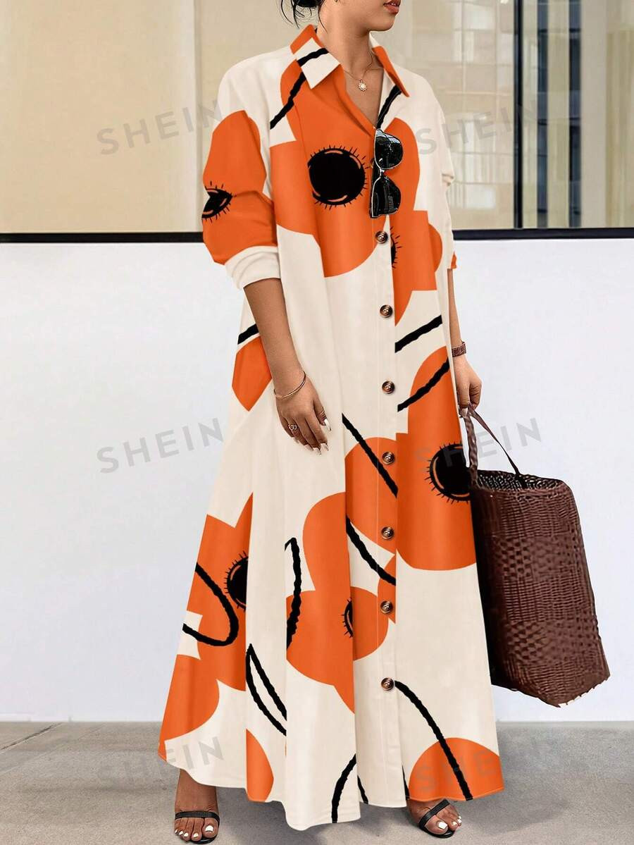 SHEIN LUNE Plus Size Random Print Front Button Casual Long Sleeve Dress | SHEIN