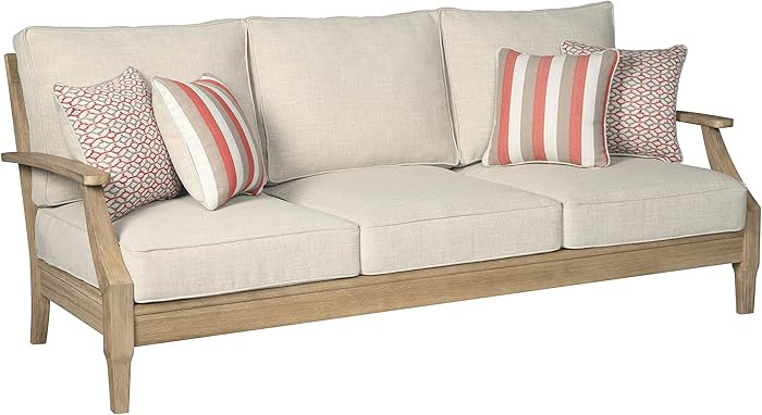 Signature Design by Ashley Clare View Coastal Outdoor Patio Eucalyptus Sofa with Cushions, Beige | Amazon (US)