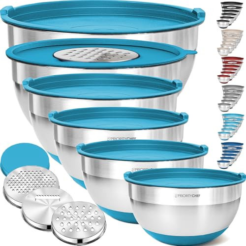Priority Chef 6Pc Large Mixing Bowls With Lids Set with Non-Slip Bases, Stainless Steel Mixing Bowl Set, 6 Airtight Lids and 3 Graters, Turquoise | Amazon (US)