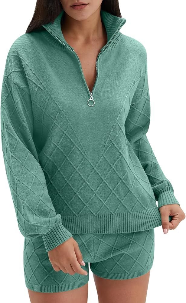 Women's 2 Piece Outfits Sweater Set Half Zip Cable Knit Collar Long Sleeve Pullover Top and Short... | Amazon (US)