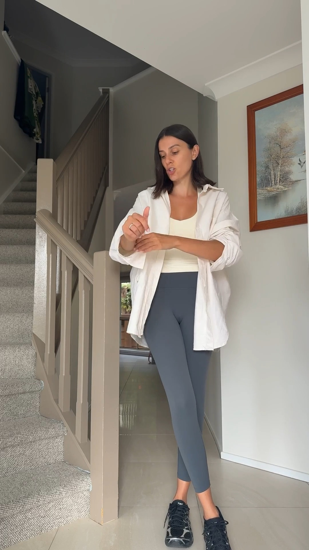 A classic go-to combo of mine for a day with the kids. Comfy leggings, these are from Lorna Jane. Tank is also Lorna Jane. Both from the Liberty range. Oversized shirt is from Dissh. Sizing - leggings XS, tank S and oversized shirt an 8. I am 170cm tall x 