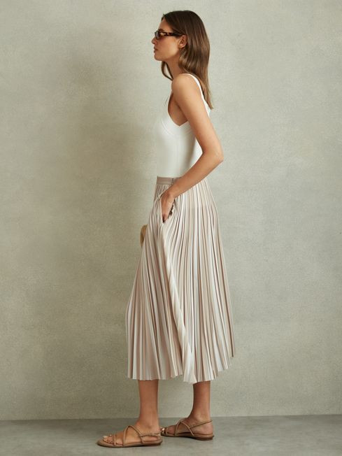 Striped Pleated Midi Skirt in Neutral | Reiss US