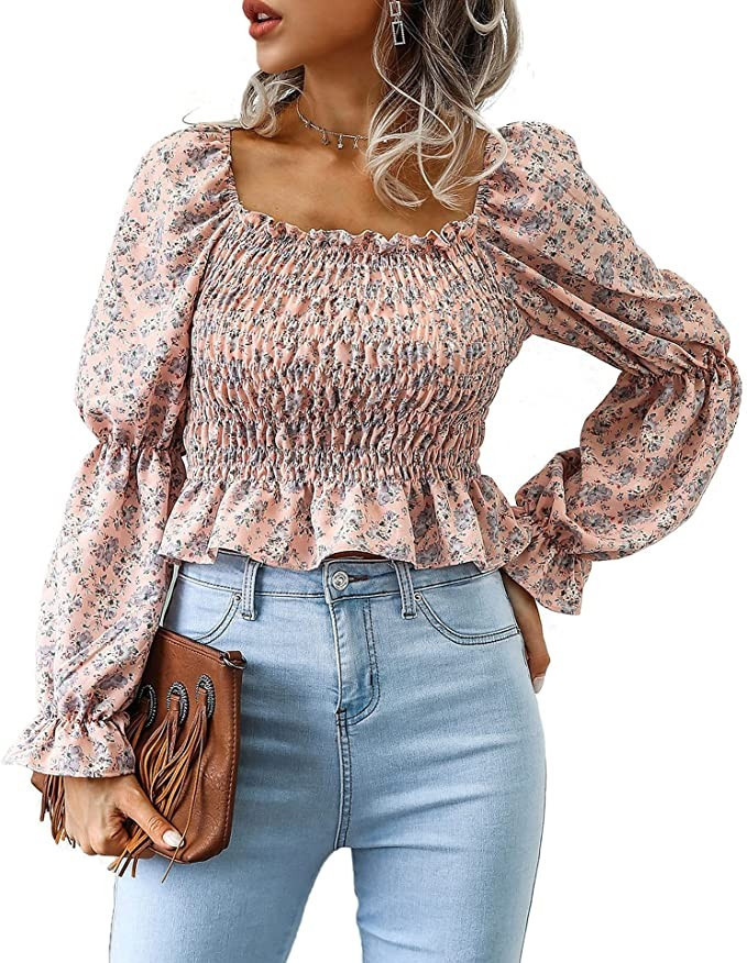 Umenlele Women's Long Sleeve Ruffle Hem Peplum Crop Top Shirred Ruched Tube Blouse | Amazon (US)