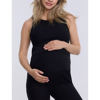 Women's Crew Neck Racerback Cropped Maternity Tank - Black - Size: Medium - Motherhood Maternity | Target