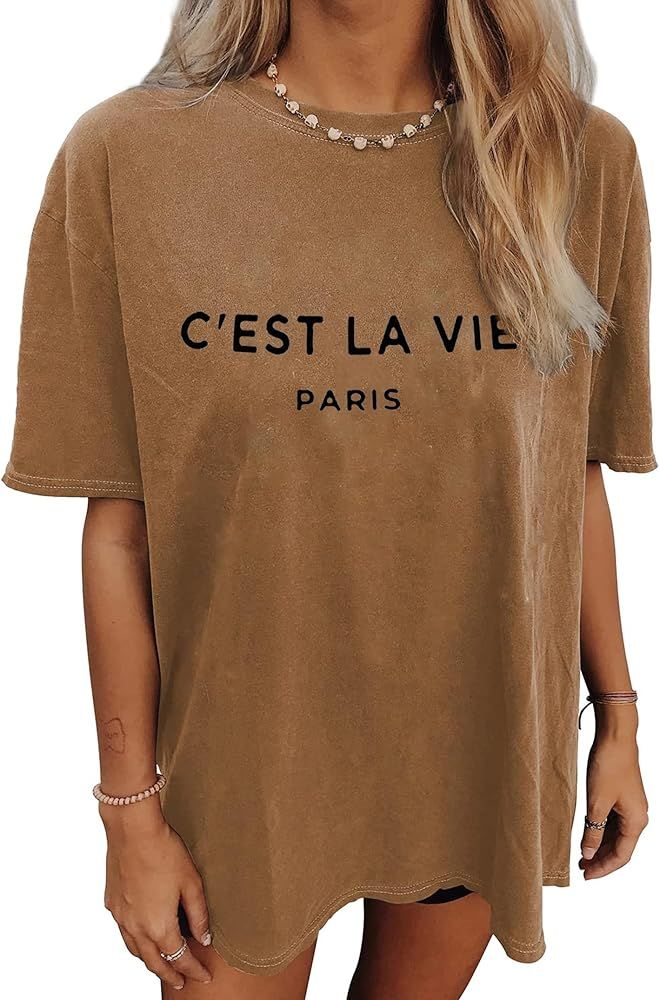 CSDAJLO WOMENS Cest La Vie Prais t Shirt Letter Print Oversized | Amazon (US)