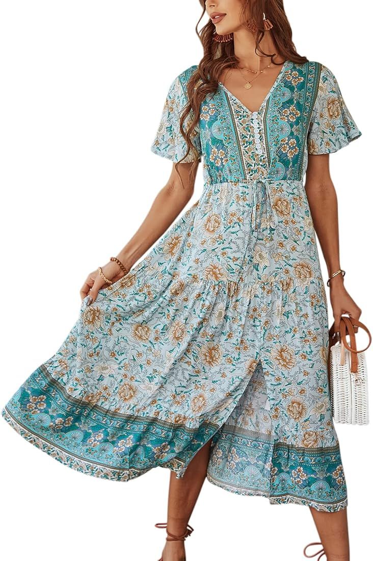 TEMOFON Women's Dresses Summer Bohemian Casual Short Sleeve Floral Print Maxi Dress S-2XL | Amazon (US)