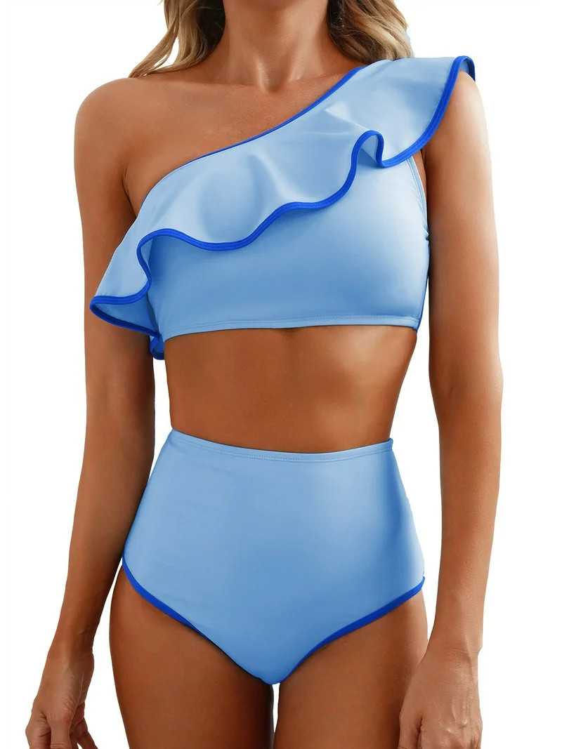 Eytino 2 Piece Swimsuit for Women One Shoulder High Waisted Bikini Sets Color Block Trim Ruffle H... | Walmart (US)