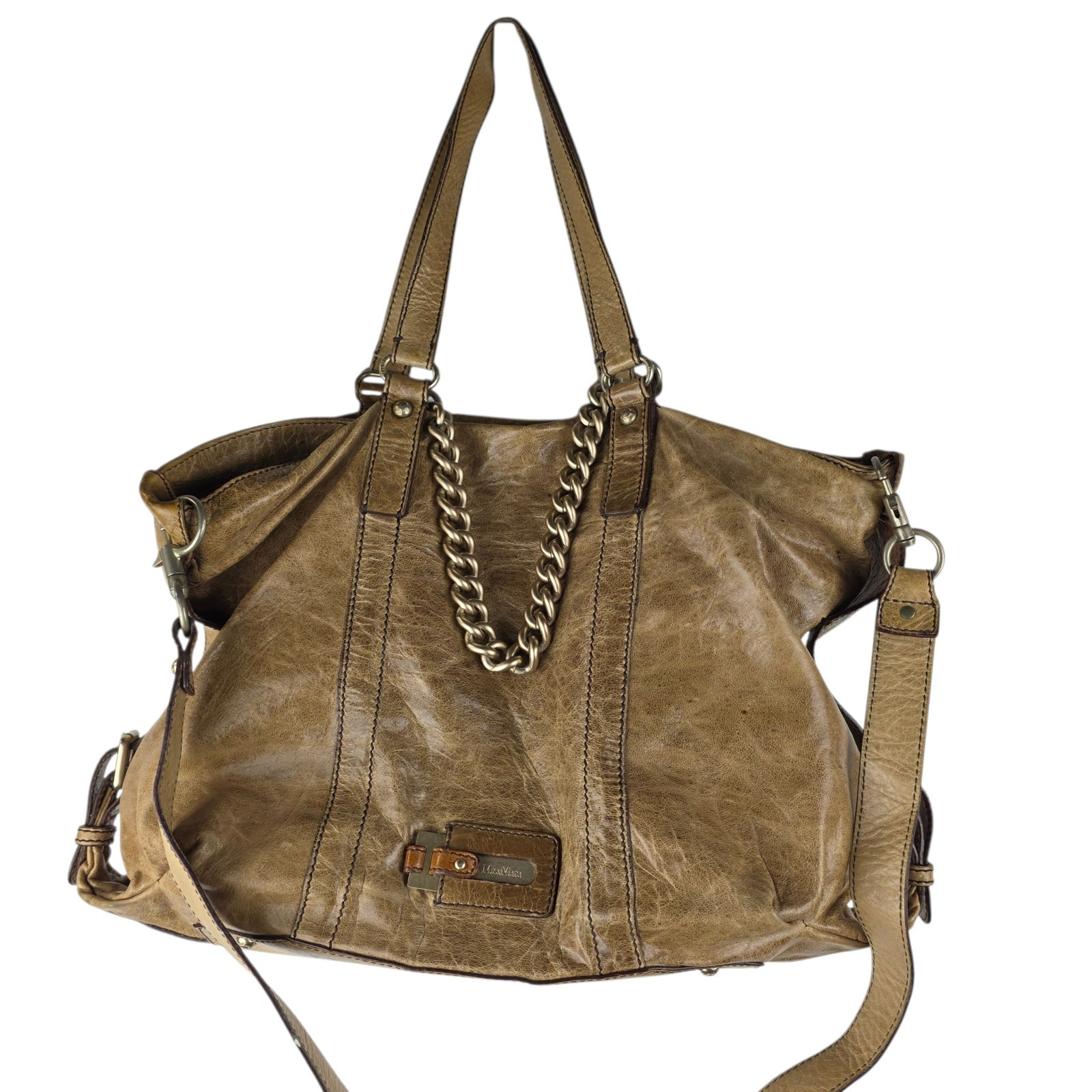 Max Mara Brown Distressed Leather Chain Strap Slouchy Shoulder Tote Bag Satchel | eBay US