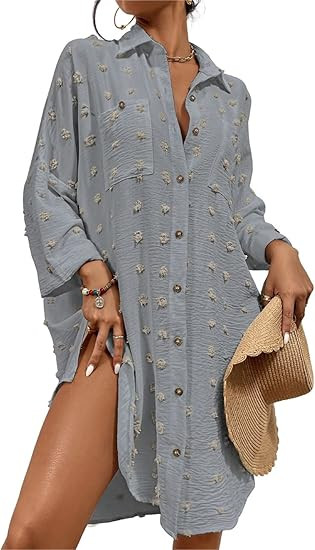 Bsubseach Women Swimsuit Coverup Blouse Button Down Shirt Dresses Swiss Dot Tops | Amazon (US)