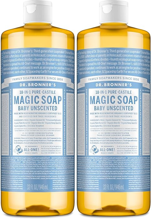 Dr. Bronner's Magic Soap-Pure-Castile Liquid Soap (Baby Unscented, 32 ounce, 2-Pack)-Regenerative... | Amazon (US)