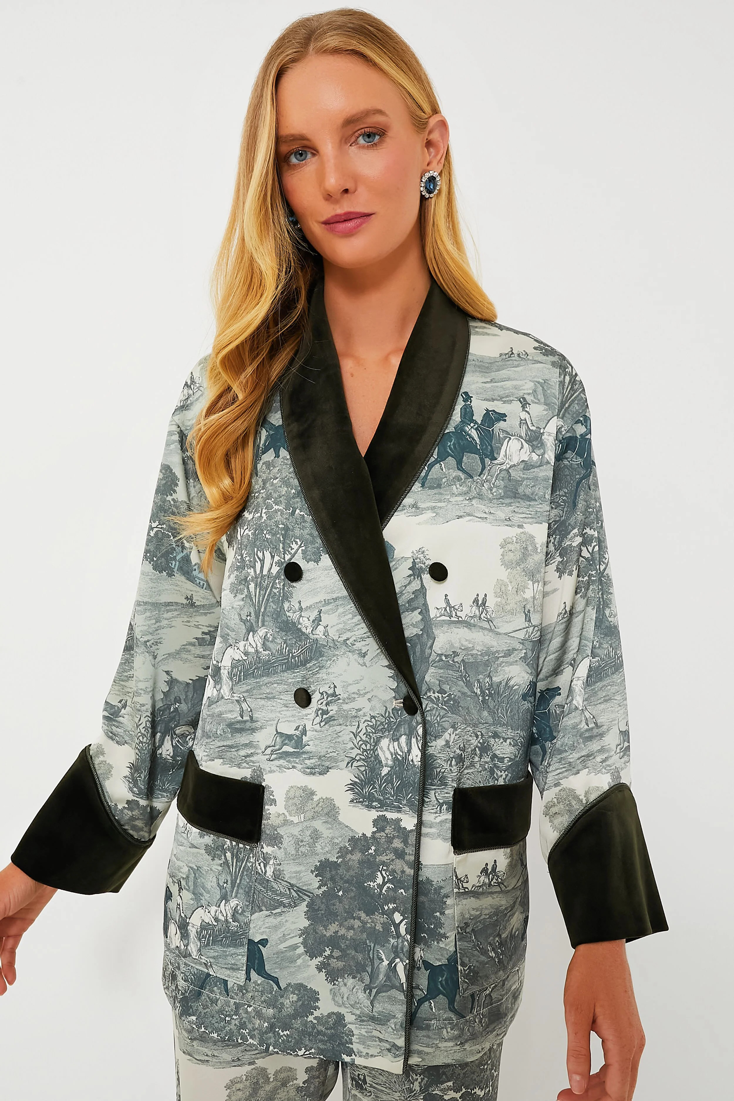 Middleburg Toile Velvet Trim Smoking Jacket | Tuckernuck (US)