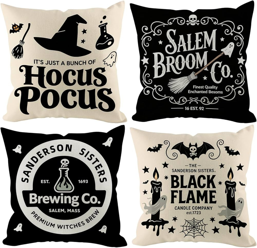 Halloween Pillow Covers 18x18 inch Set of 4, Linen Outdoor Cute Ghost Vintage Hocus Pocus Saying ... | Amazon (US)