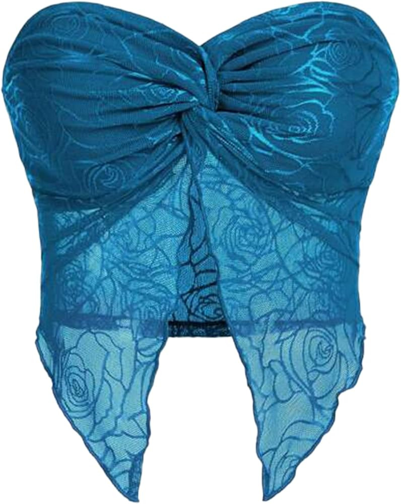 Meladyan Woman Twist Knot Front Split Embroidery Lace Crop Tube Tops Ruched Sheer Mesh Strapless ... | Amazon (US)