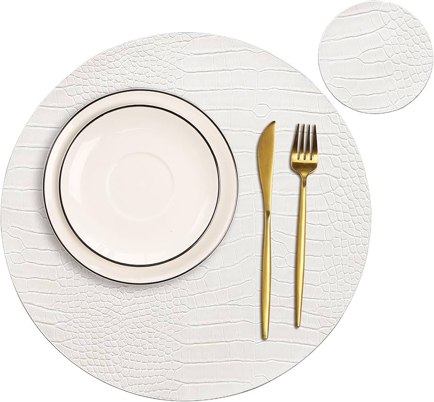Jovono Round Leather Placemats for Round Tables Set of 4, White Place Mats and Coasters, Wipeable... | Amazon (US)