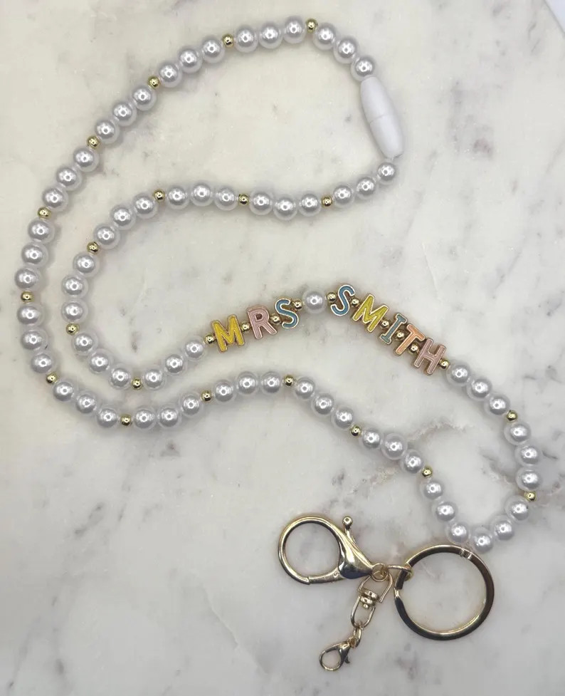 Personalized Pearl Beaded Teacher Lanyard, Personalized Lanyard, Pearl Beads, Badge Holder, Teach... | Etsy (Global)