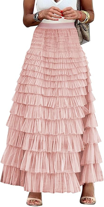 Flygo Women's Long Maxi Tulle Skirts A Line Ruffle High Waisted Tiered Layered Mesh Tutu Skirt Pe... | Amazon (US)