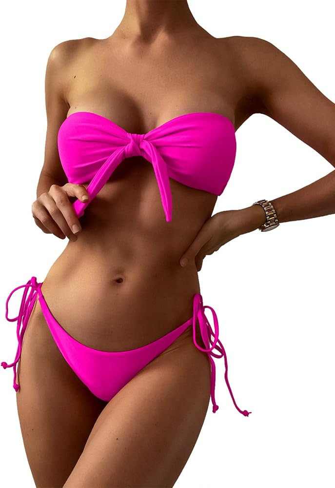 ZAFUL Women's Floral Print Bandeau Bikini Set High Cut Strapless Knot Front Swimsuit Sexy Bathing... | Amazon (US)