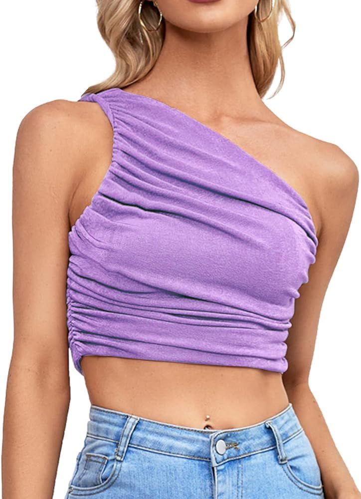 Lyaner Womens Sexy Ruched One Shoulder Crop Top  | Amazon (US)