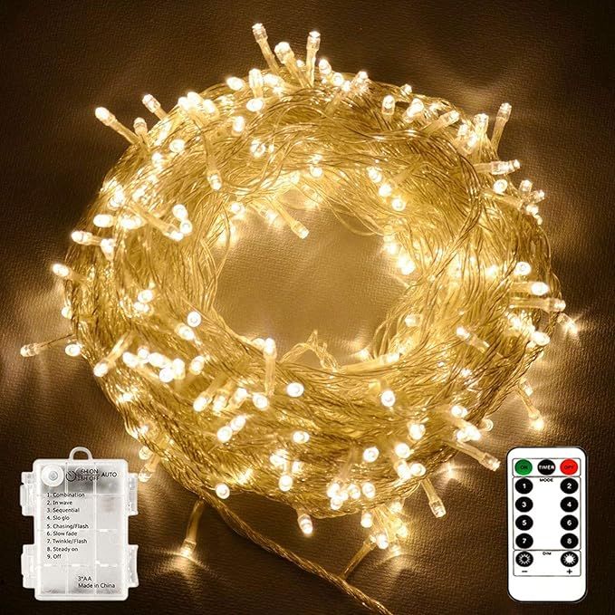 echosari String Lights Battery Powered, 33Ft 100 LED Warm White Outdoor Fairy String Lights with ... | Amazon (US)