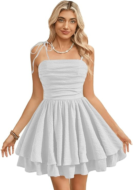 WDIRARA Women's Tie Shoulder Ruched Sleeveless Shirred Layered Ruffle Hem Cocktail Party Cami Dre... | Amazon (US)