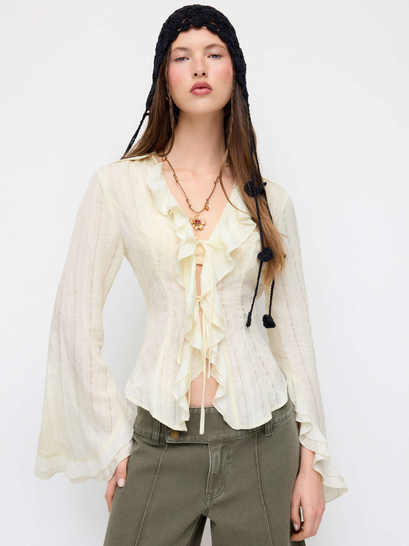 Woven Striped Tie Front Cinched Waist Ruffle Sleeve Blouse For Daily Casual | Cider