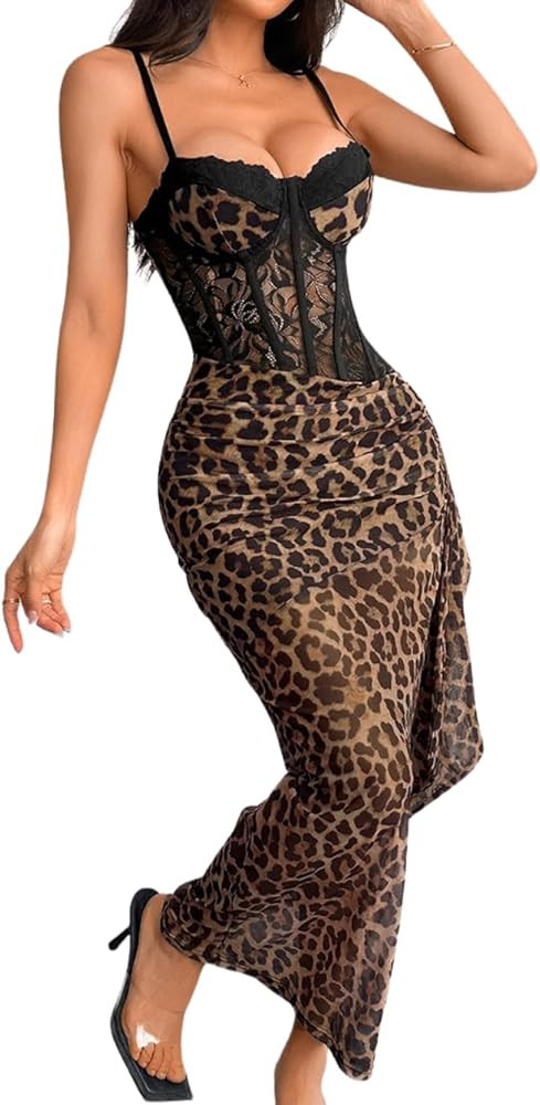 ChiaoLezhee Women's Sexy Lace Bustier Maxi Dress, Built-in Bra Underwire Corset Bodycon Clubwear ... | Amazon (US)