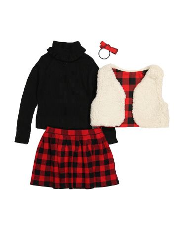 Girls 3pc Vest And Sweater Set With Hair Bow | TJ Maxx