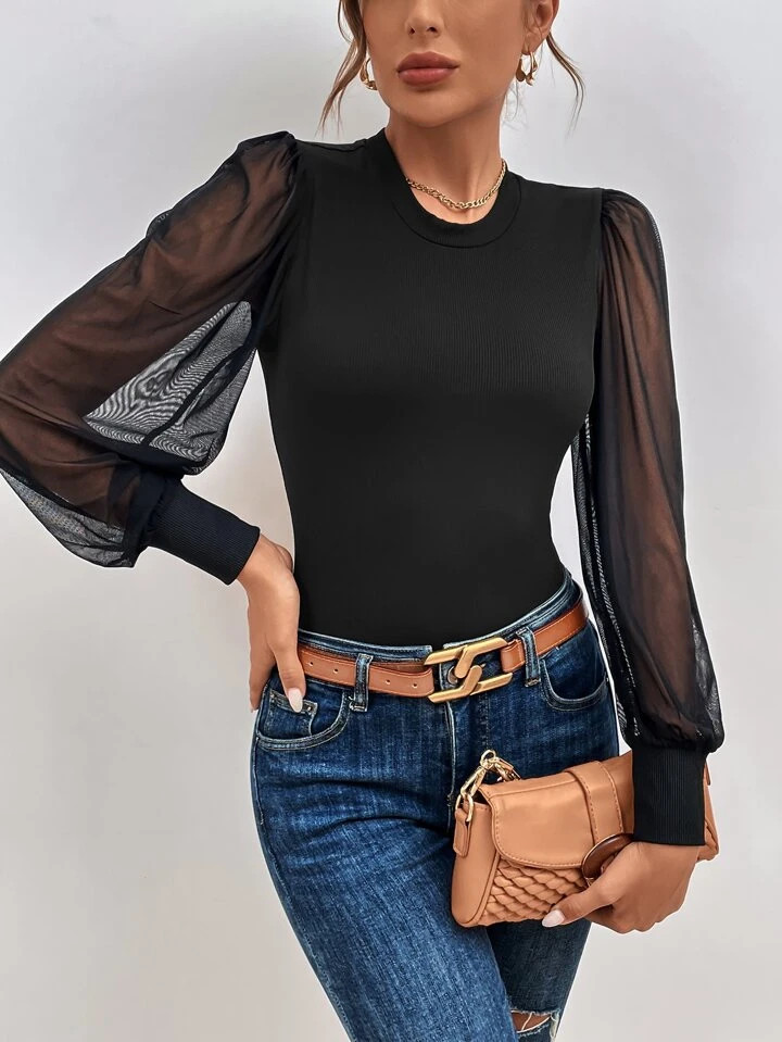 SHEIN Privé Contrast Mesh Lantern Sleeve Bodysuit | SHEIN