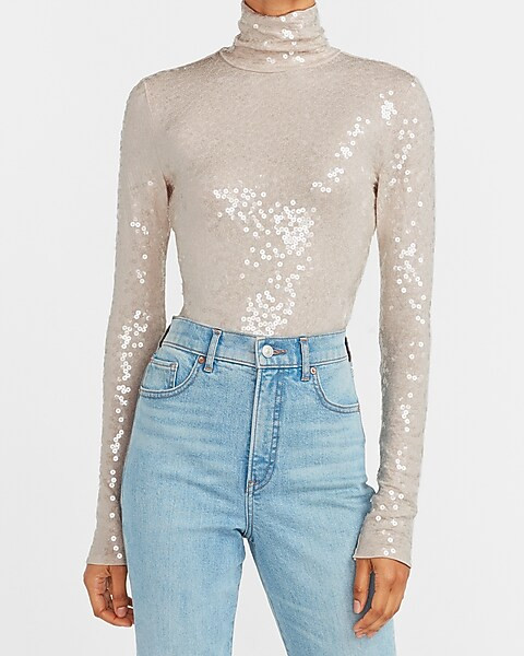 Sequin Mock Neck Long Sleeve Tee | Express