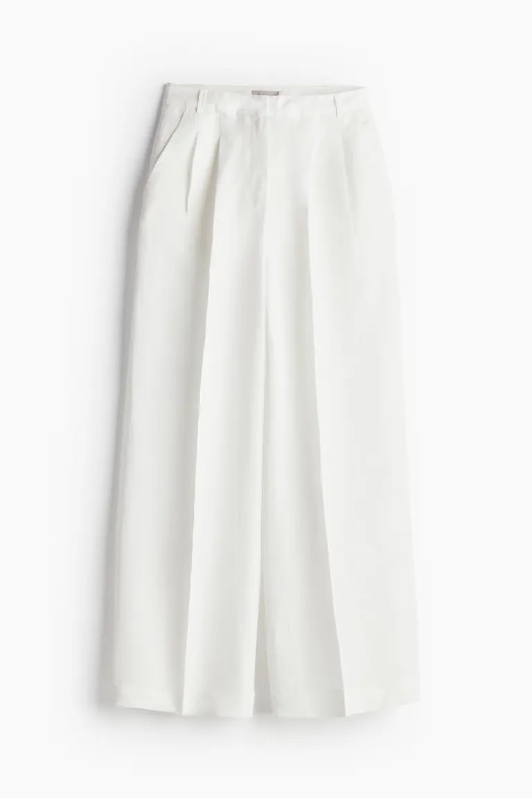 Tailored linen-blend trousers - High waist - Long - White - Ladies | H&M GB | H&M (UK, MY, IN, SG, PH, TW, HK)