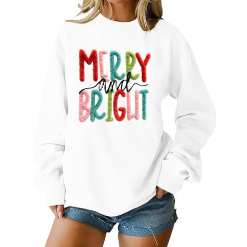 Women’S Sweatshirts, Merry And Bright Graphic Pullover Long Sleeve Crewneck Holiday Sweatshirt Top Christmas For Women Soft Sweaters Cruise Wear Sudadera Mujer (M, White) | Amazon (US)