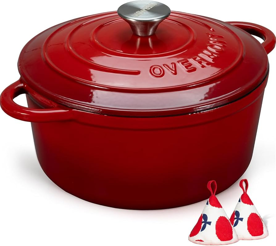 Overmont Enameled Cast Iron Dutch Oven - 5.5QT Pot with Lid Cookbook & Cotton Potholders - Heavy-... | Amazon (US)