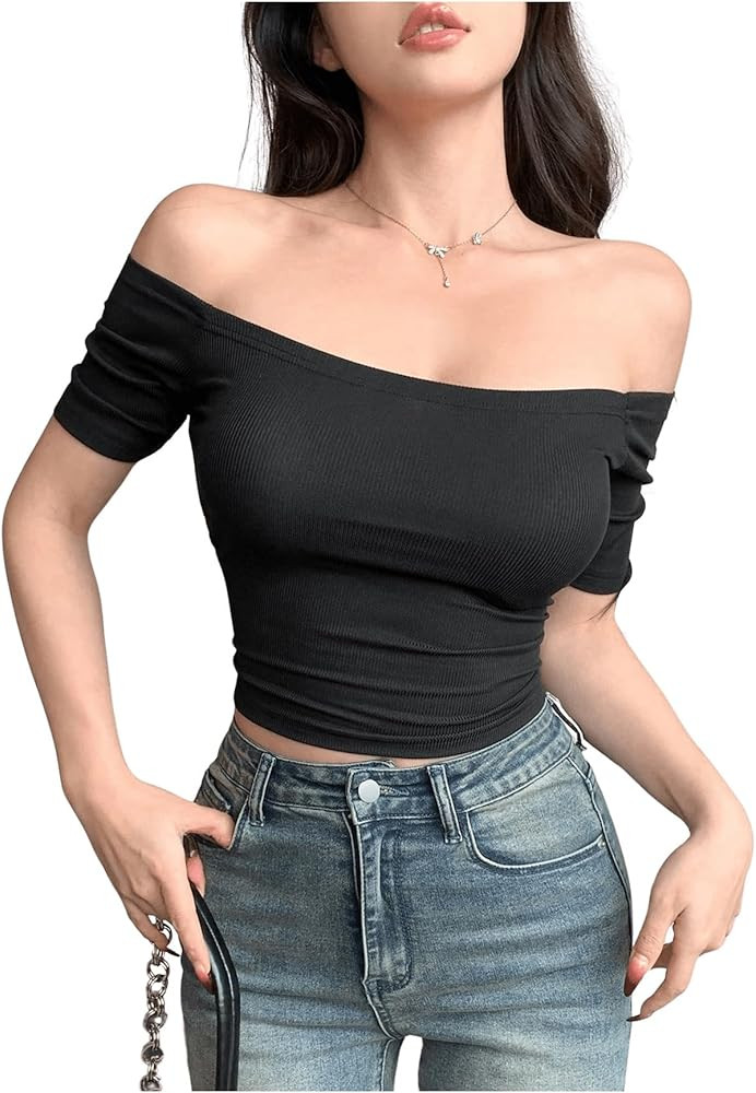 Women's Off The Shoulder Short Sleeve Tee Tops Going Out Slim Fit Crop Tops Y2K Sexy Tight Shirts | Amazon (US)