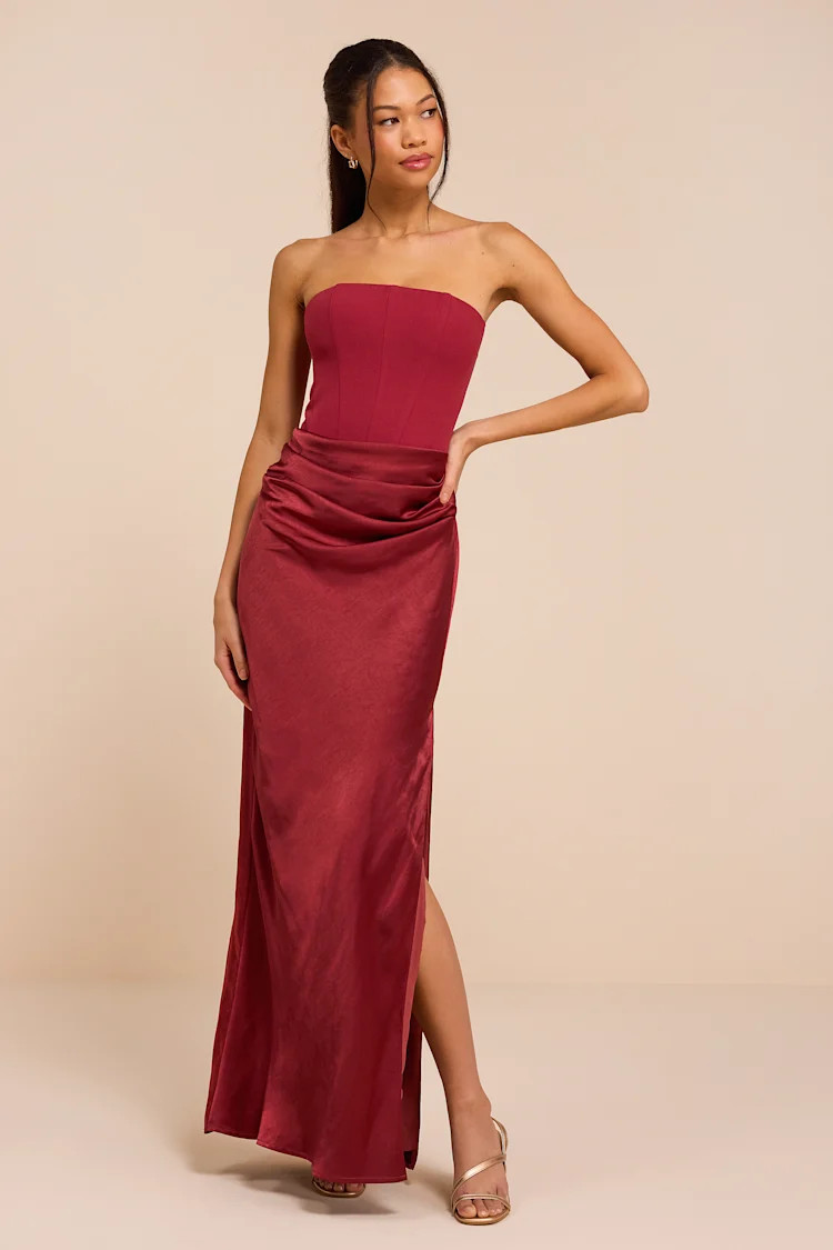 Mella Burgundy Mixed Media Strapless Maxi Dress | Lulus
