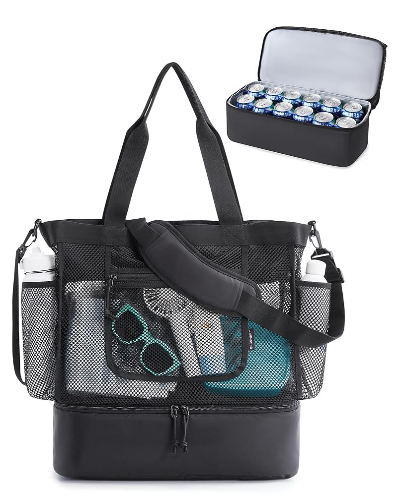 BAGSMART Beach Bag for Women, Mesh Tote Bags with Zipper, Sandproof Vacation Essentials with Cool... | Amazon (US)