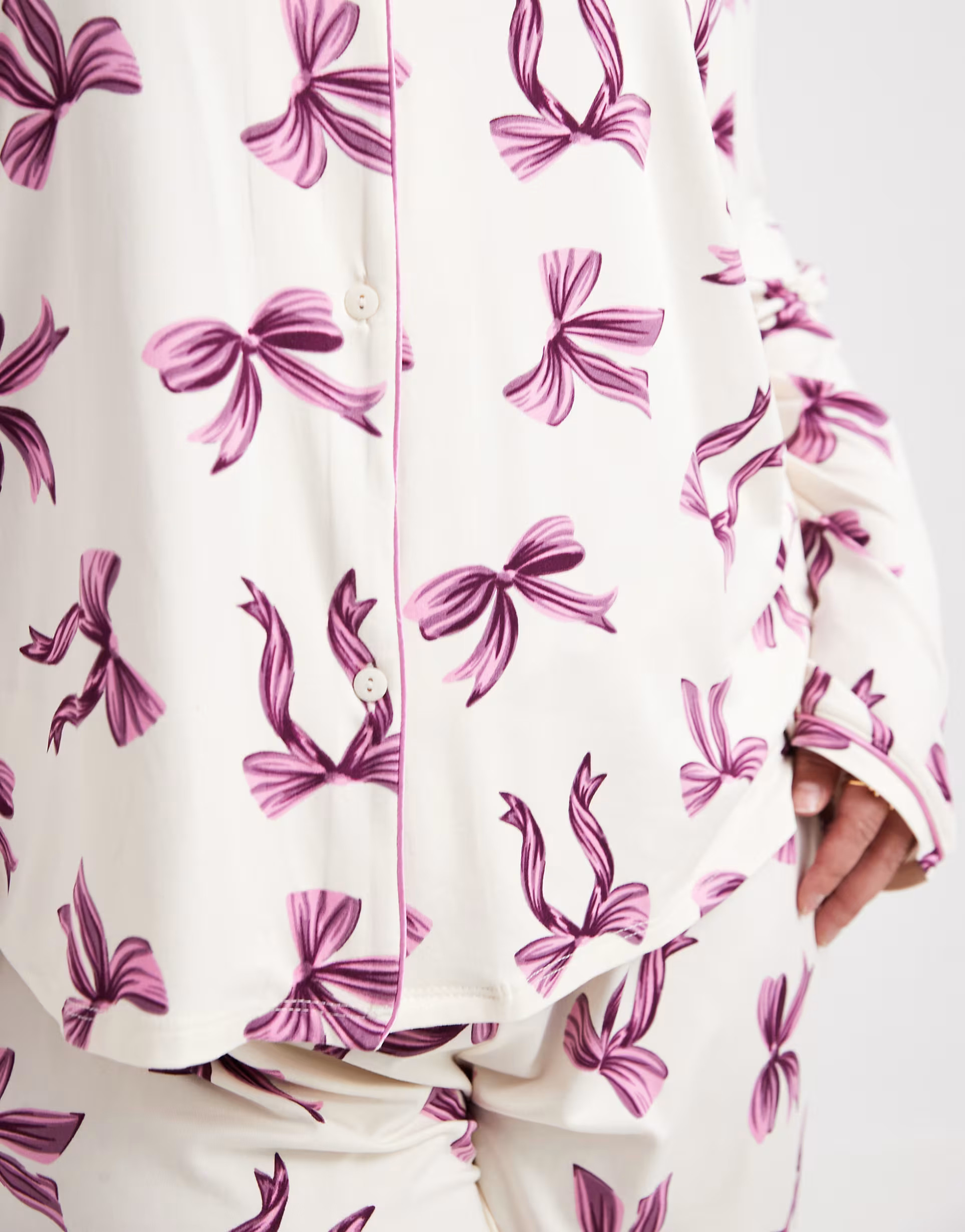 Urban Threads Curve long sleeve camp collar shirt and pants pajama set in bow print | ASOS (Global)