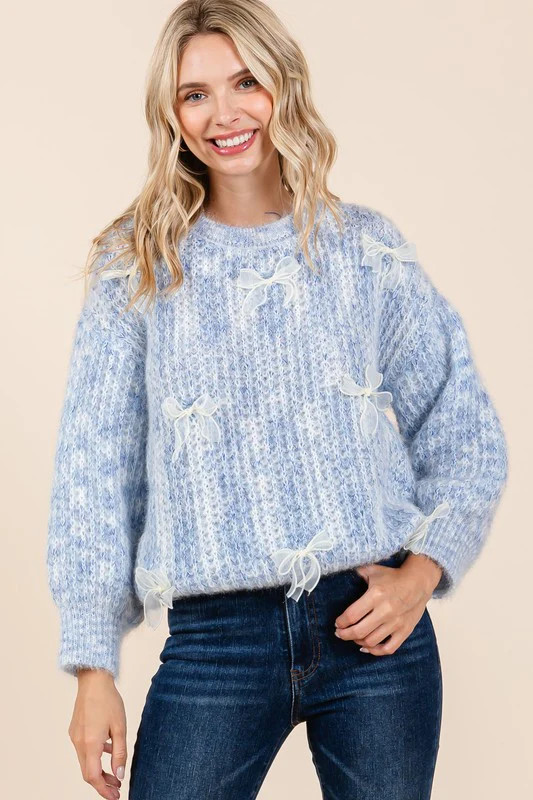 Bow Embroidered Heavyweight Knit Sweater Blue / S/M | Casual Chic Boutique