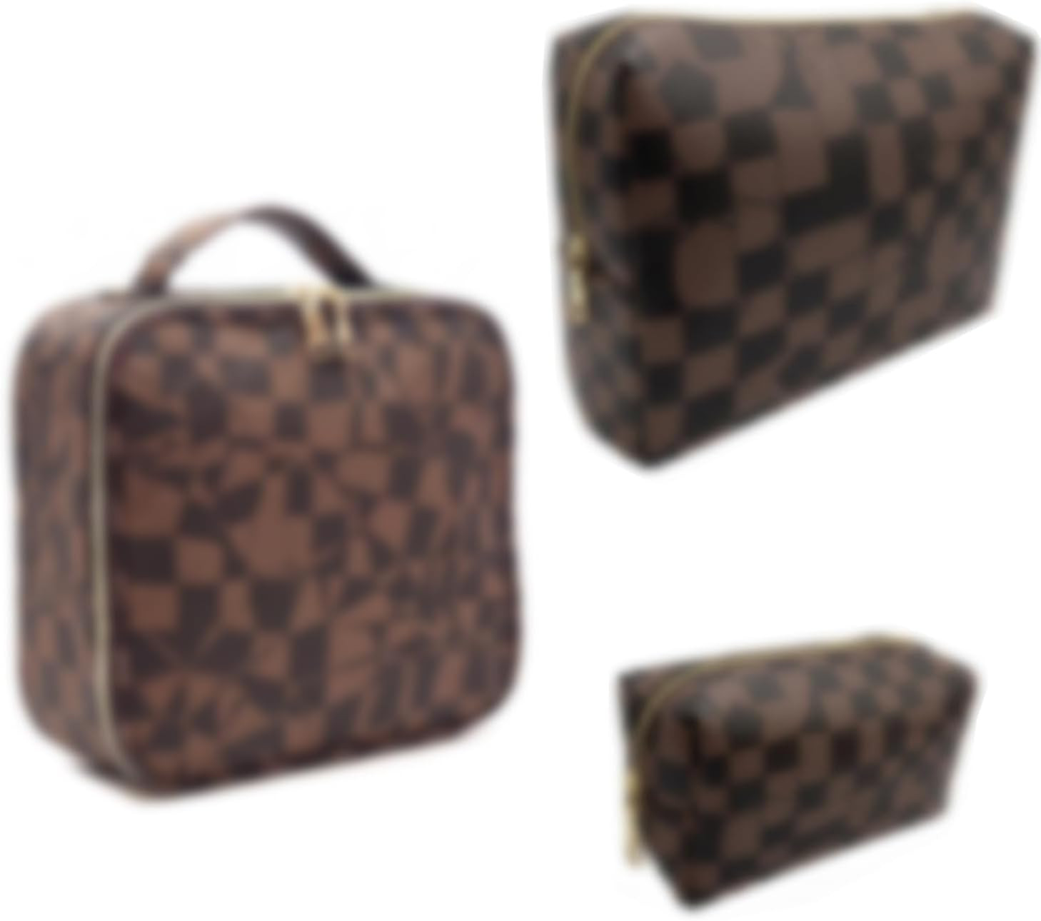Makeup Bag,3 Pcs Brown Checkered Bags Set,Portable with Adjustable Partition,Large Capacity Pouch for Travel Cosmetic Organizer, Coin Purse, Waterproof, Toiletries,Designer for Gift,Checkered | Amazon (US)