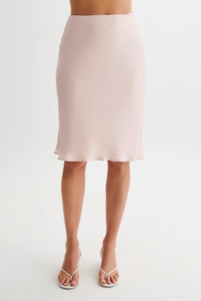 Allegra Satin Knee Length Skirt - Pale Pink | MESHKI US